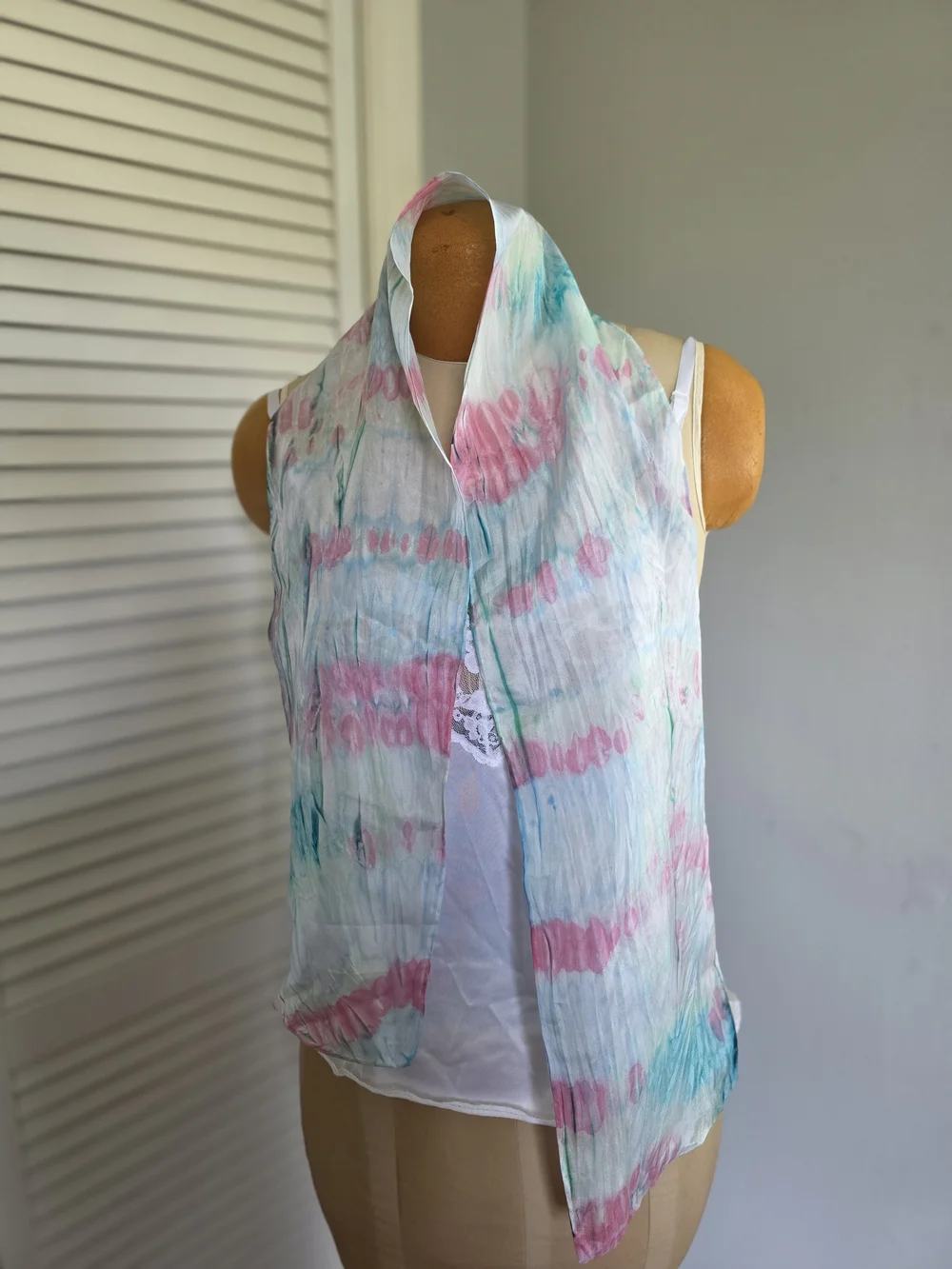 100% Silk Y2K Pastel Tie Dye Scarf 8x52 Lightweight Soft Wrap